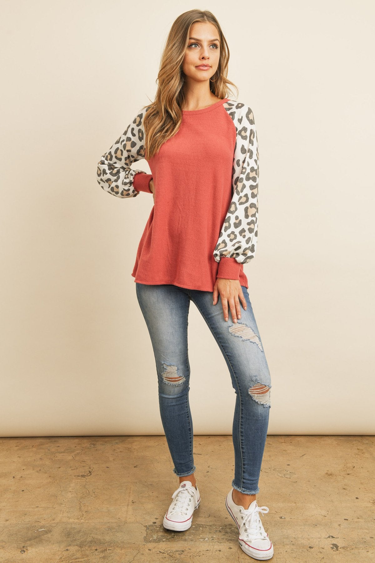 Leopard Puff Sleeved Solid Hacci Top