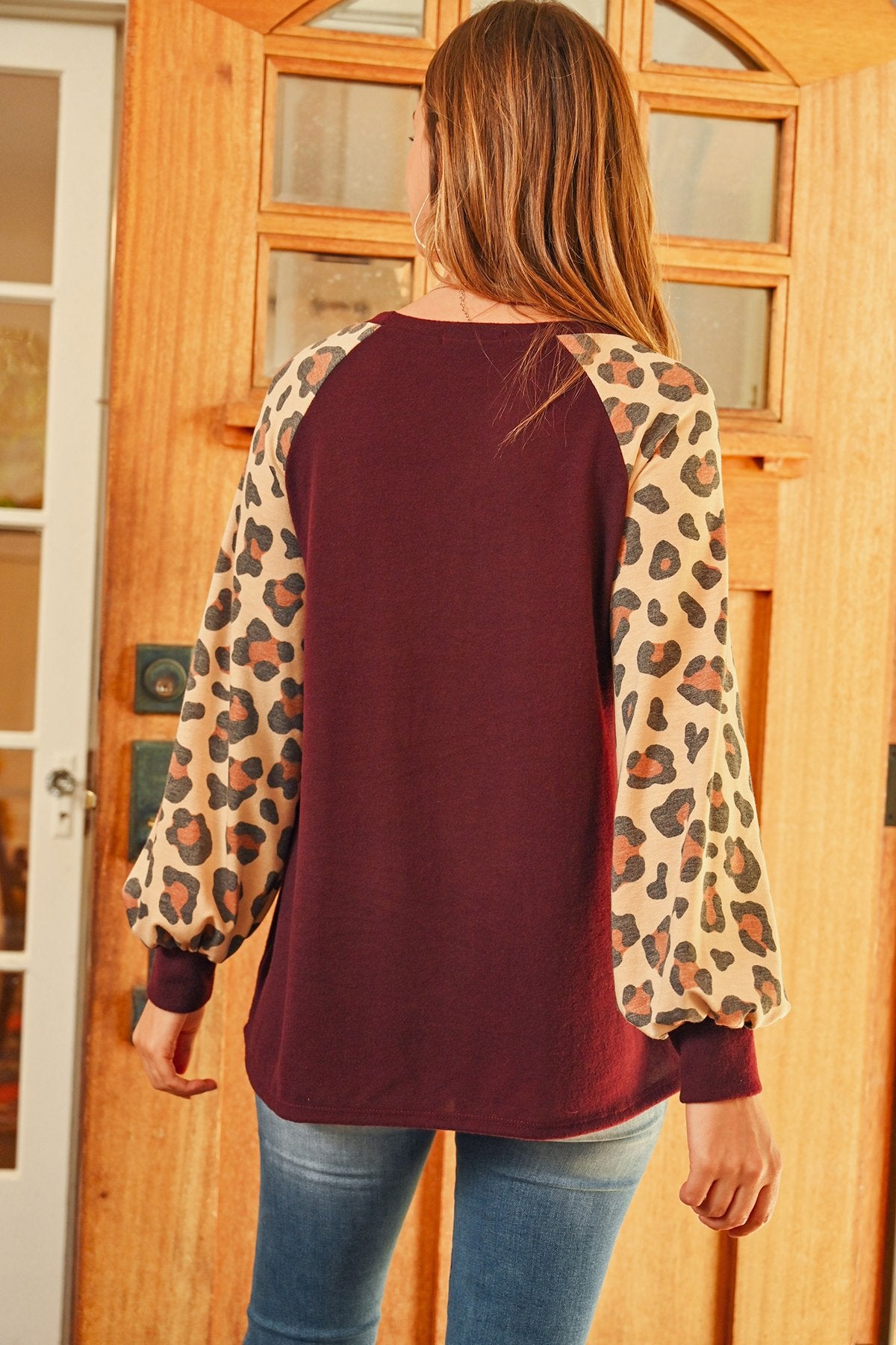 Leopard Puff Sleeved Solid Hacci Top