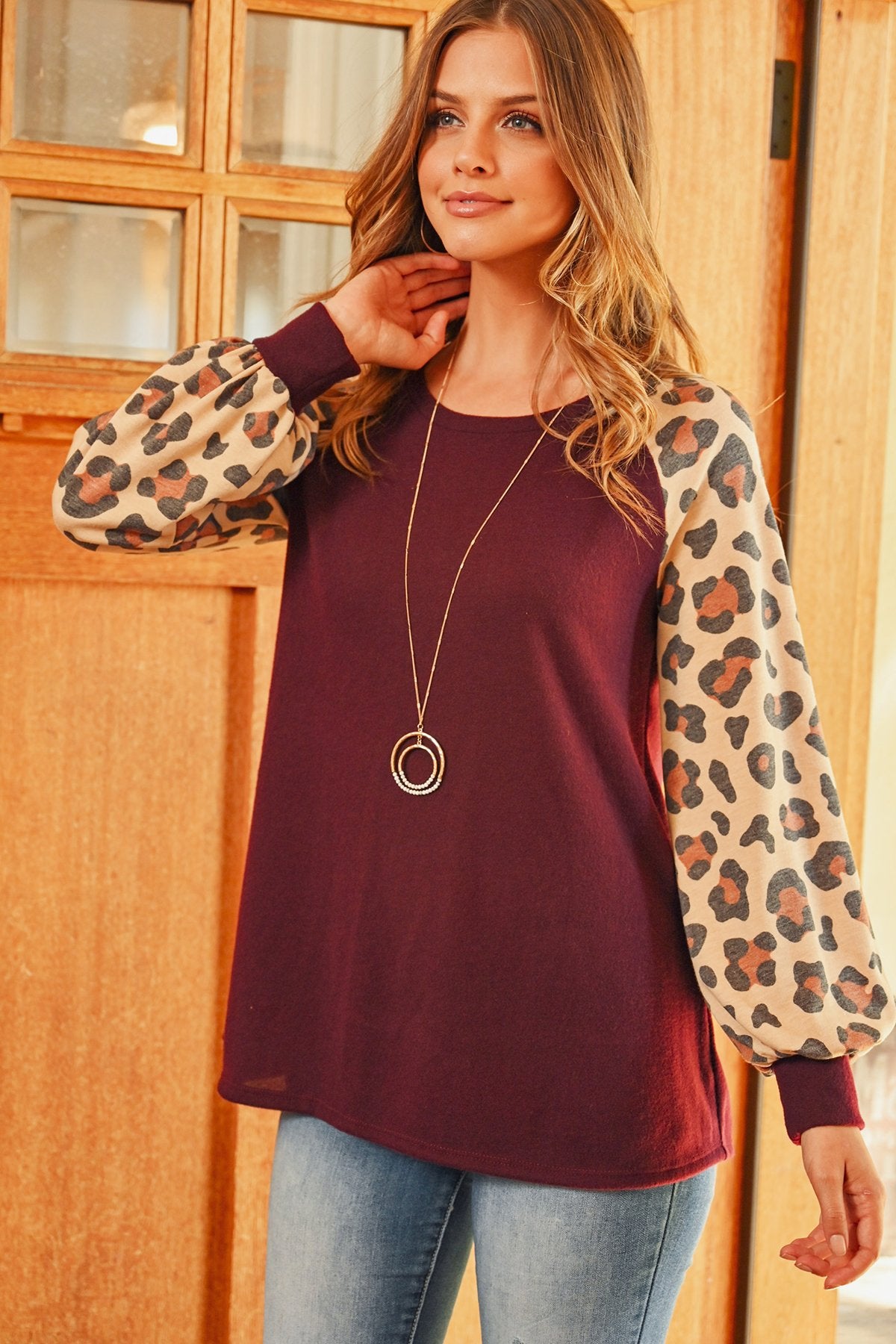 Leopard Puff Sleeved Solid Hacci Top