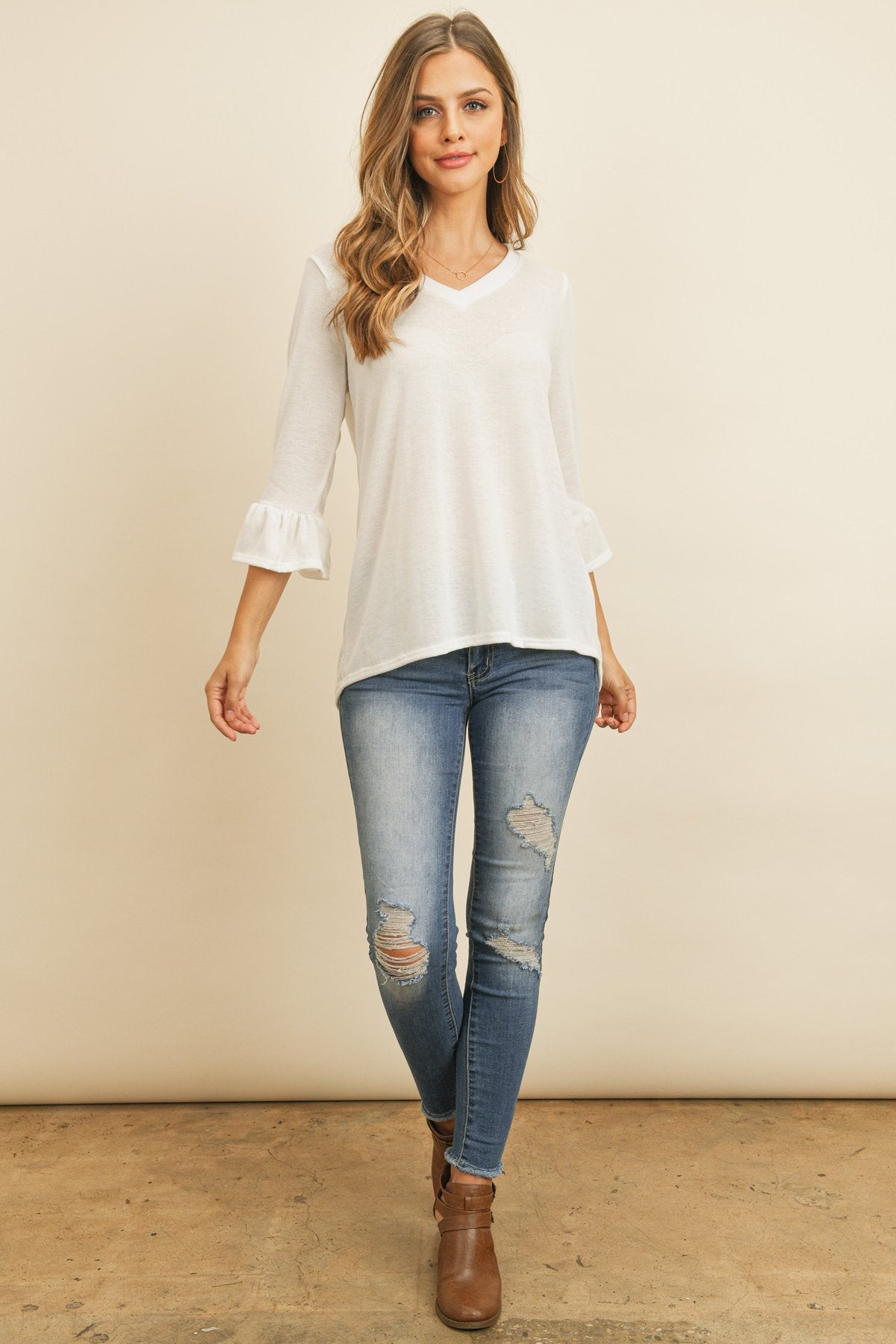 Solid Bell Sleeve V-Neck Top