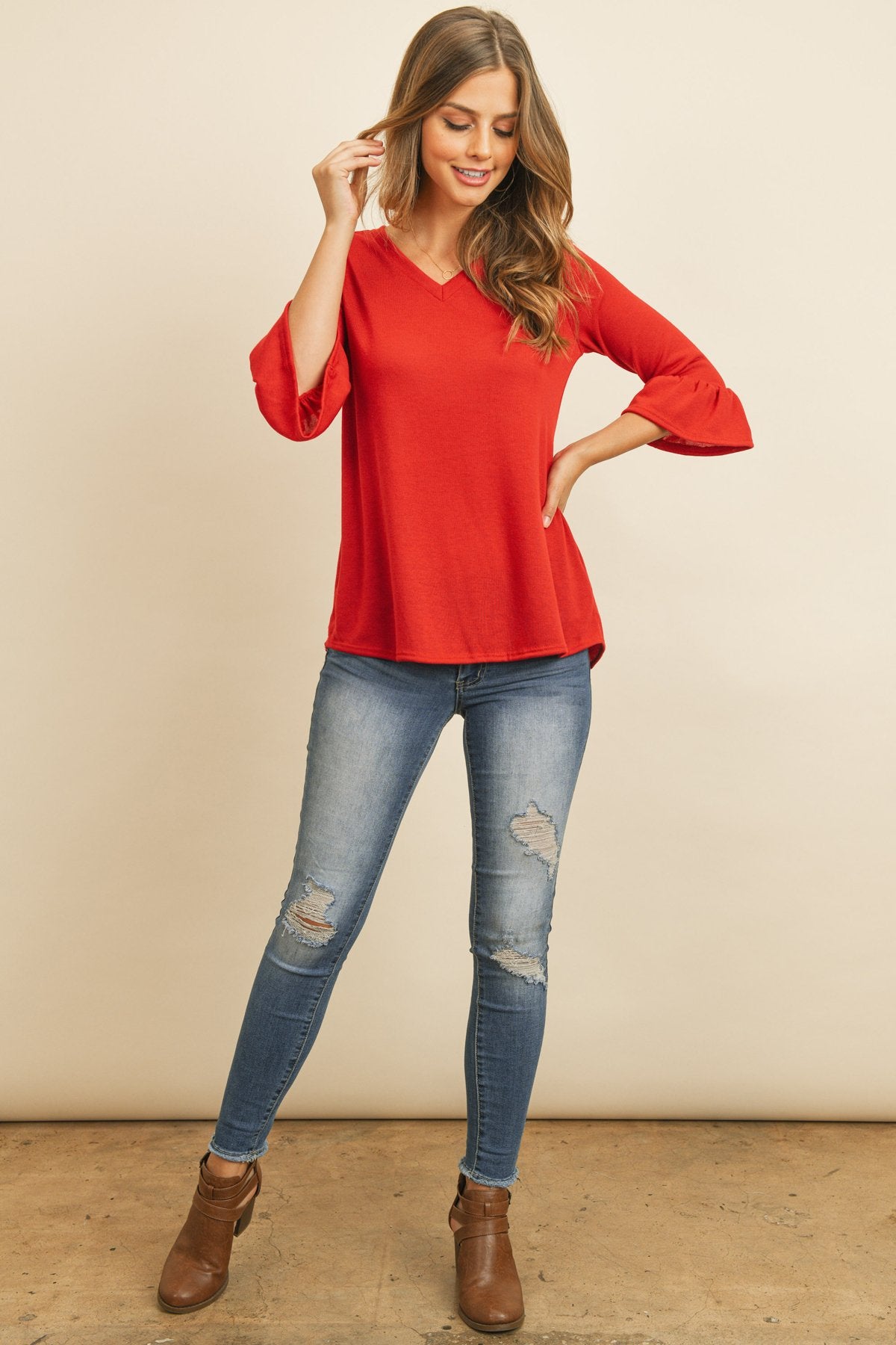 Solid Bell Sleeve V-Neck Top