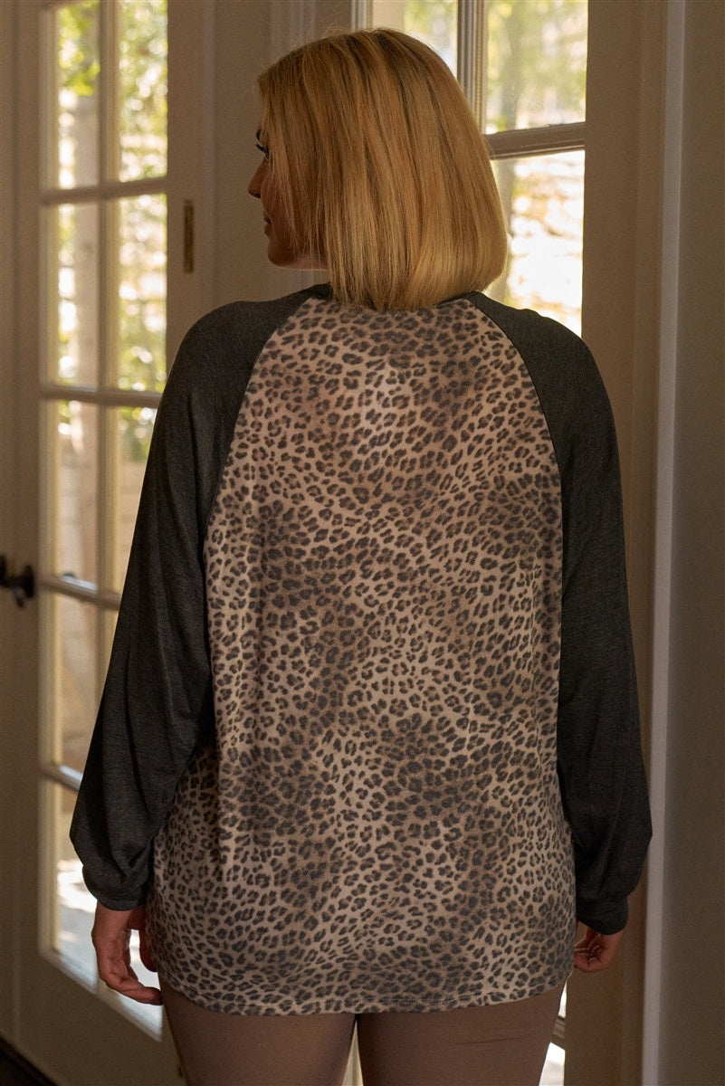 Plus Size Khaki & Charcoal Leopard Print Long Sleeve Relaxed Top