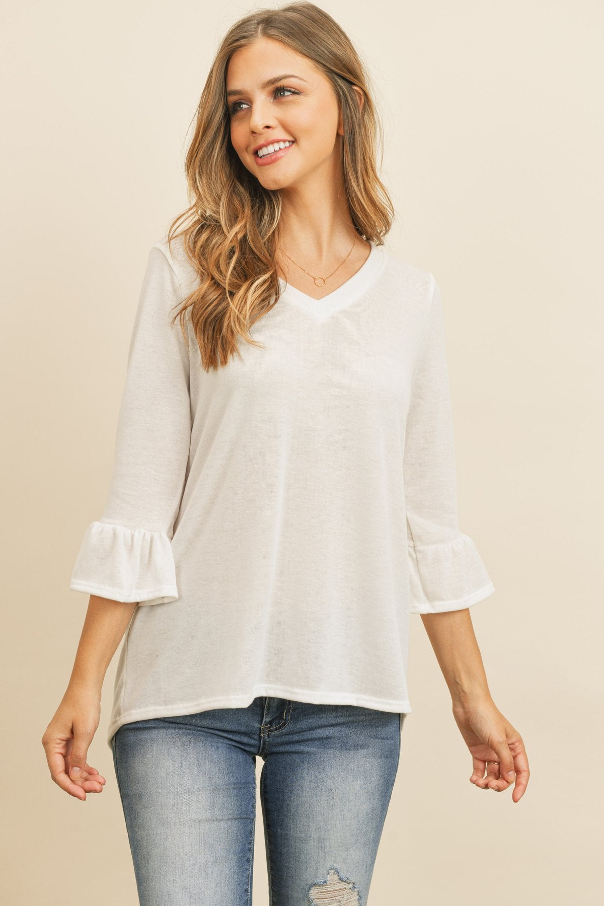 Solid Bell Sleeve V-Neck Top