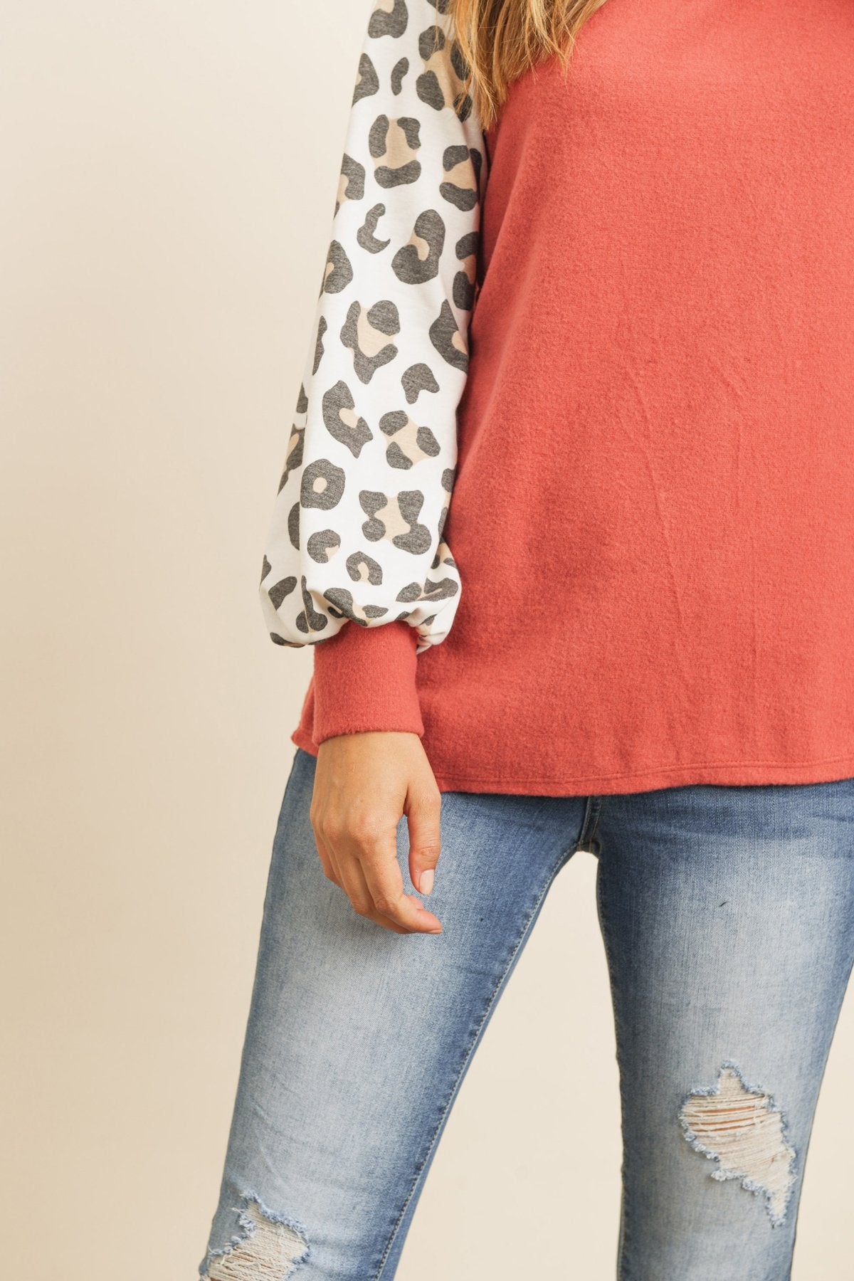 Leopard Puff Sleeved Solid Hacci Top