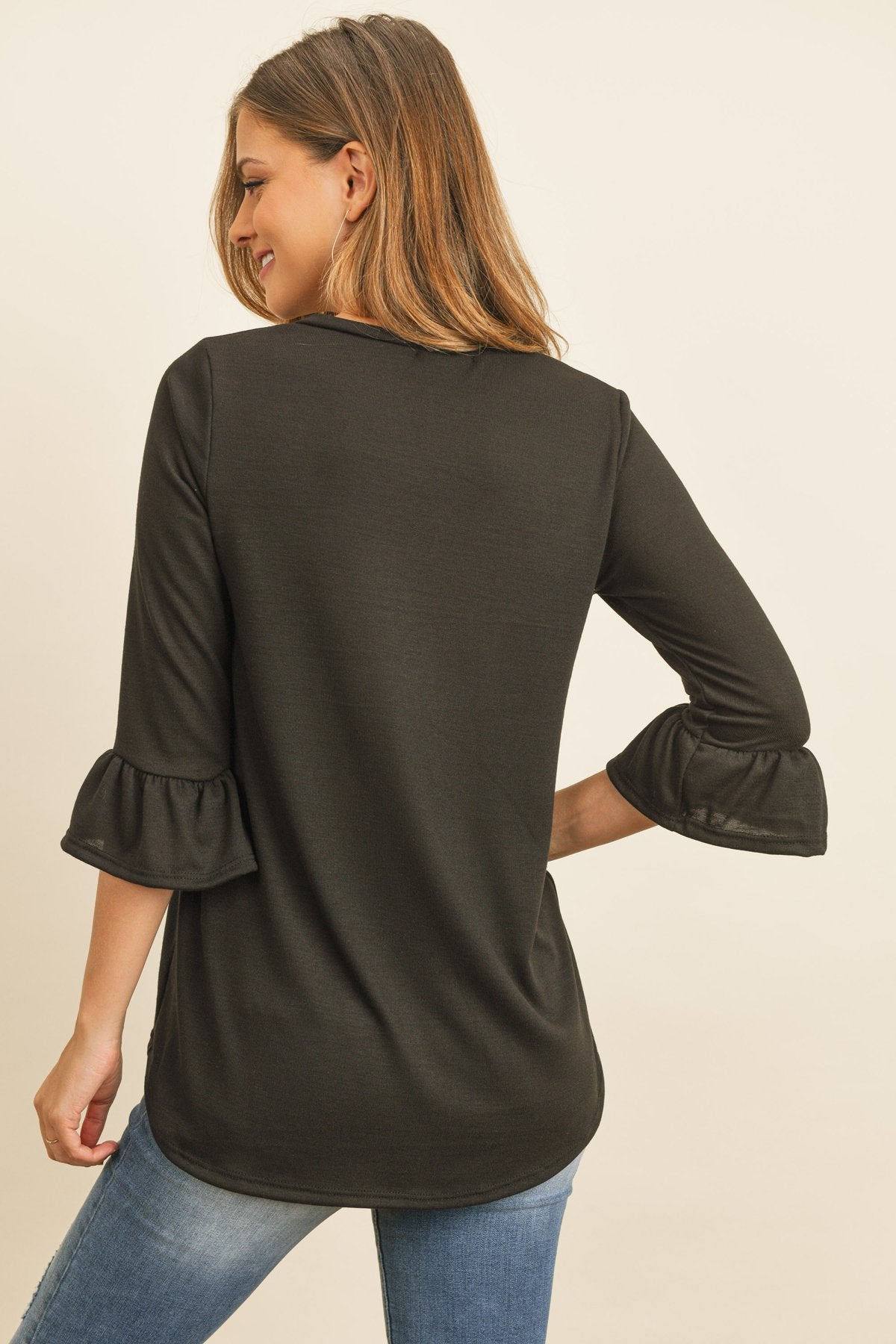 Solid Bell Sleeve V-Neck Top