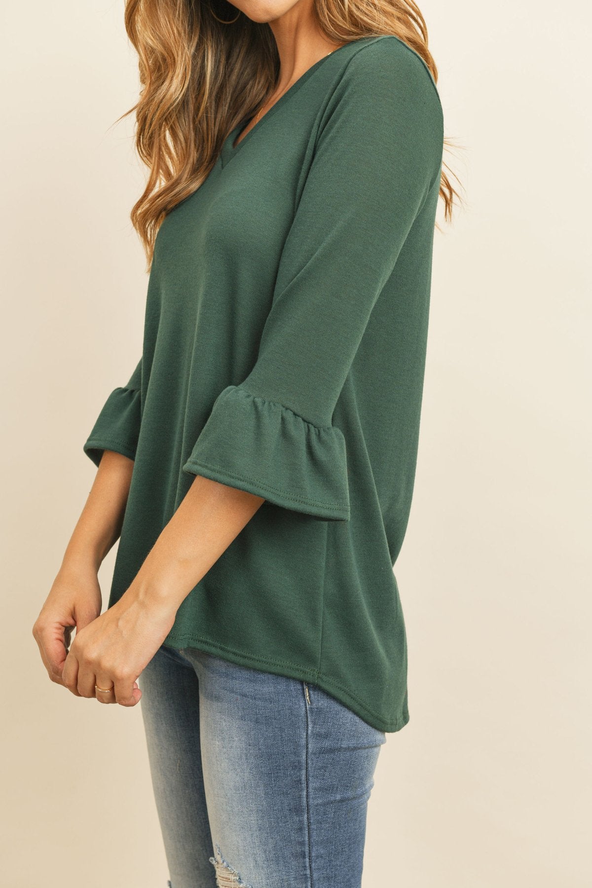 Solid Bell Sleeve V-Neck Top